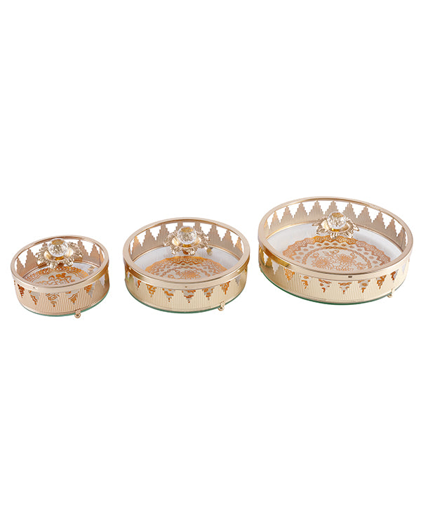 Set of 3 Gold Metal Jars with Crystal Knob