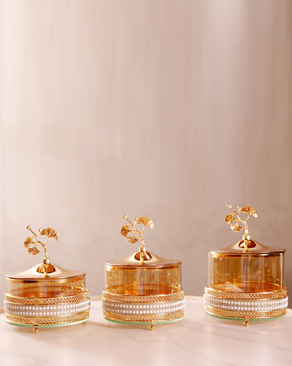 Set of 3 Gold Glass Jars with Round Crystal Lid