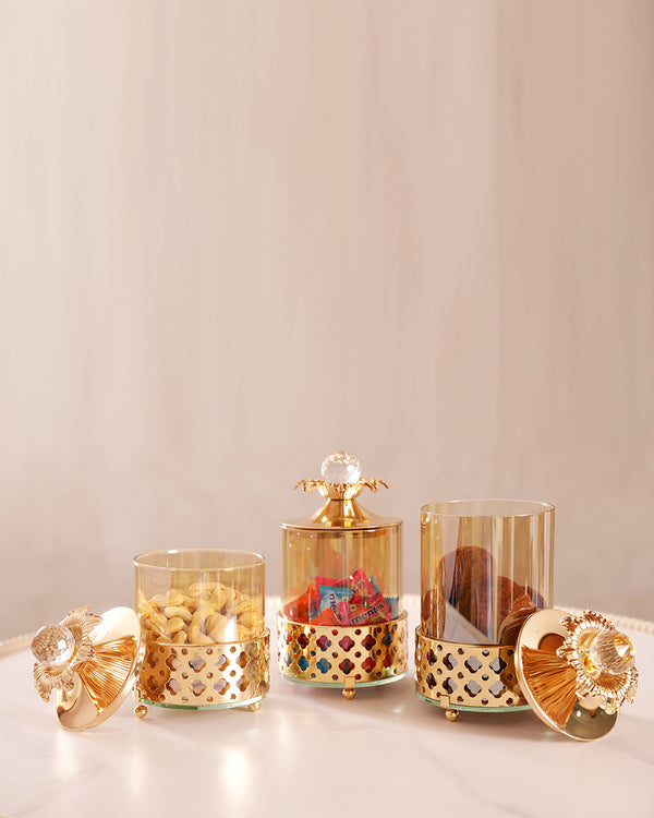 Set of 3 Golden Metal Jars with crystal knob